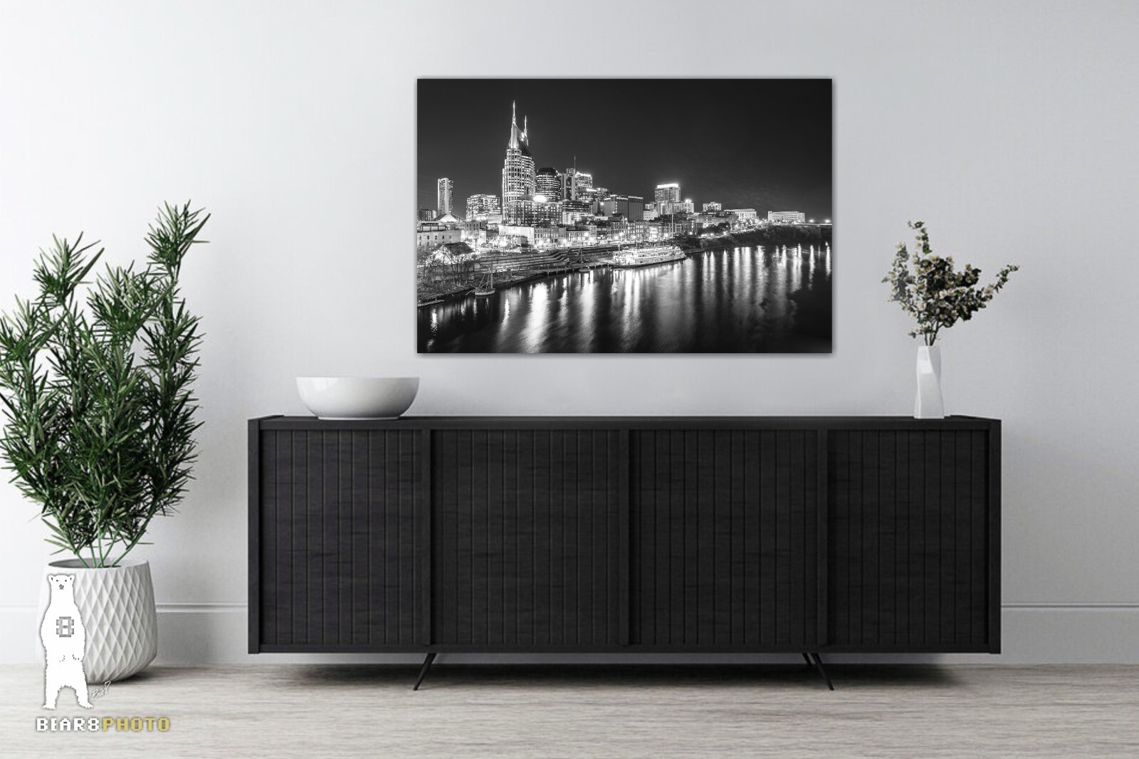 Downtown Nashville Skyline at Night – Black and White Photography Prints