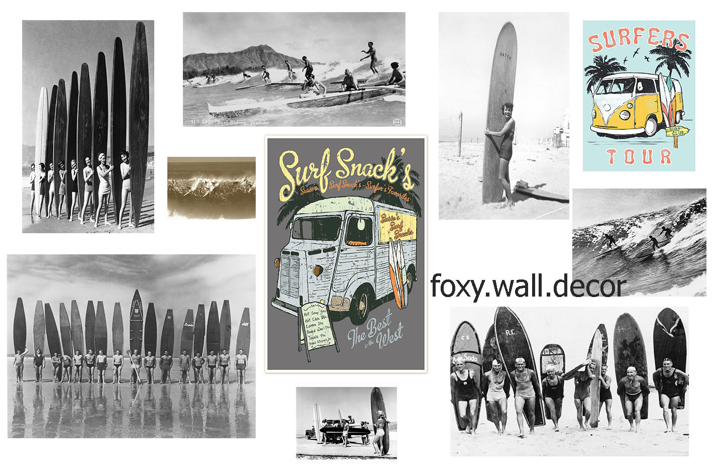 Vintage Art Surfing Surf Boards Print Canvas Beach Photo Black White Large
