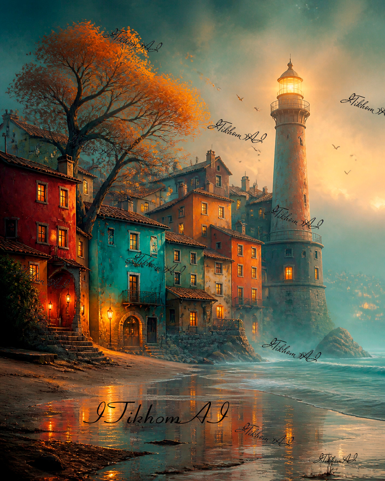 Digital Art Landscape Houses Tree Sunset Sea Lighthouse Background Wallpaper