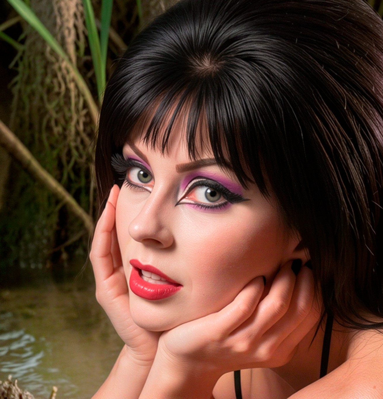 Sexy Elvira Mistress of the Dark Laying in Swamp Metal Sign Wall Art 14″ x 11″