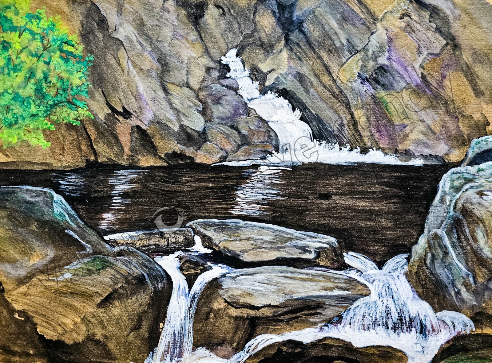 Waterfall over Rocks Lake & Trees DIGITAL DOWNLOAD Print at Home Wall Art