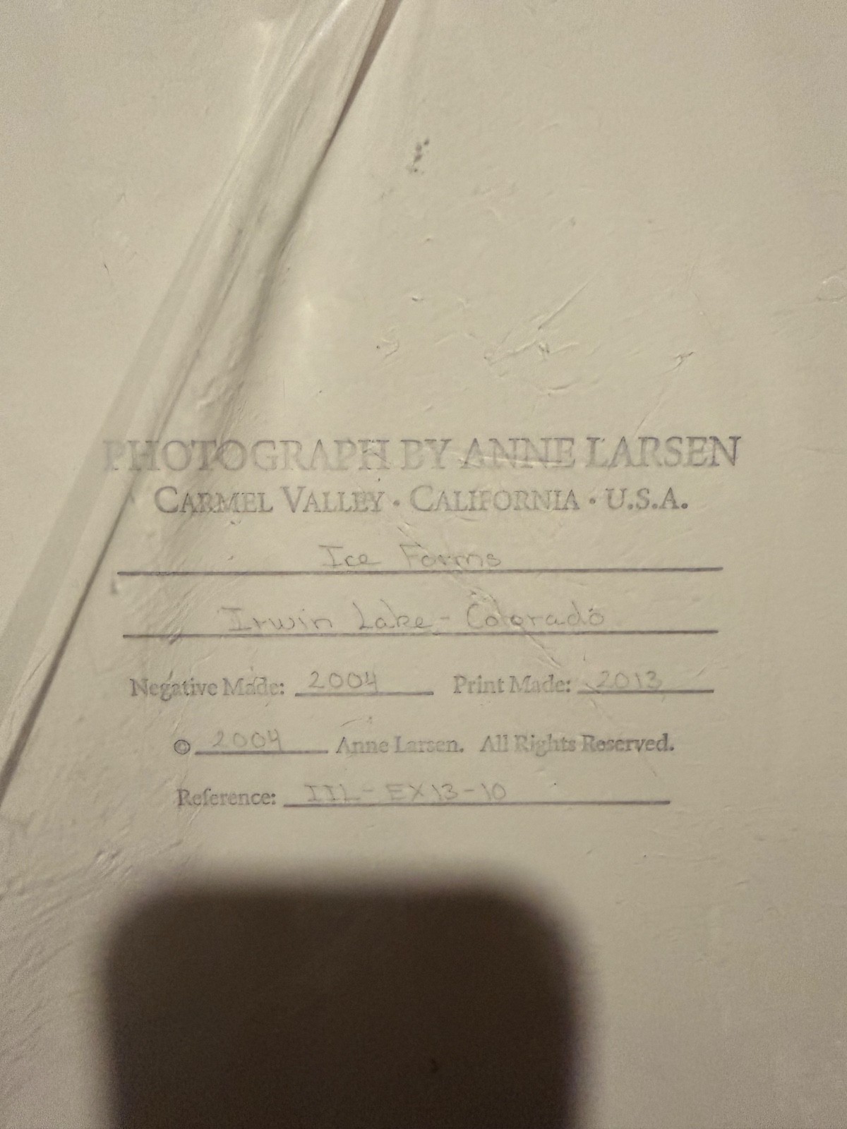 Original silver gelatin print by Anne Larsen ‘Ice Forms – Irwin Lake, CO – 2004’