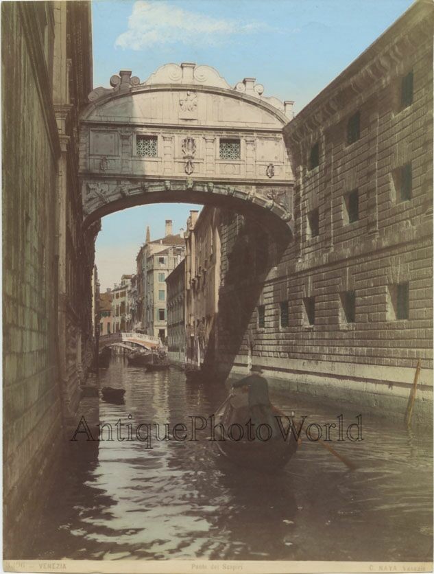 Gondola under Bridge of Sighs Venice Italy antique albumen photo by Naya