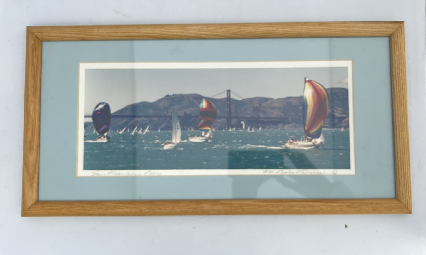 Framed Signed Photograph 1990 San Francisco Bay Bridge Sailboats Boats 20″ x 10″