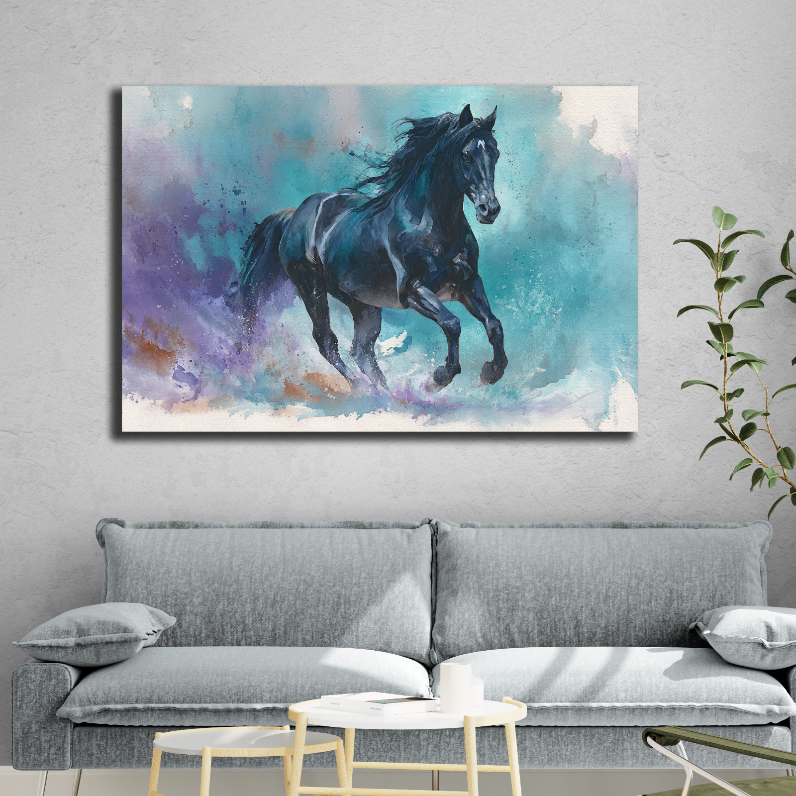 Black Horse Wall Art, Running Stallion Watercolor Painting, Colorful Equestrian