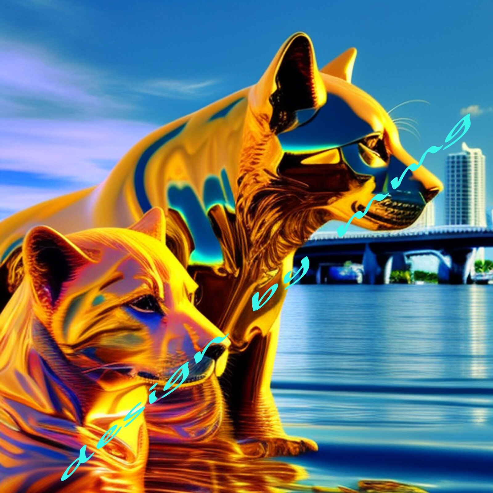 Digital Image Picture Photo Wallpaper Golden Amazing 3D Cat and Dog