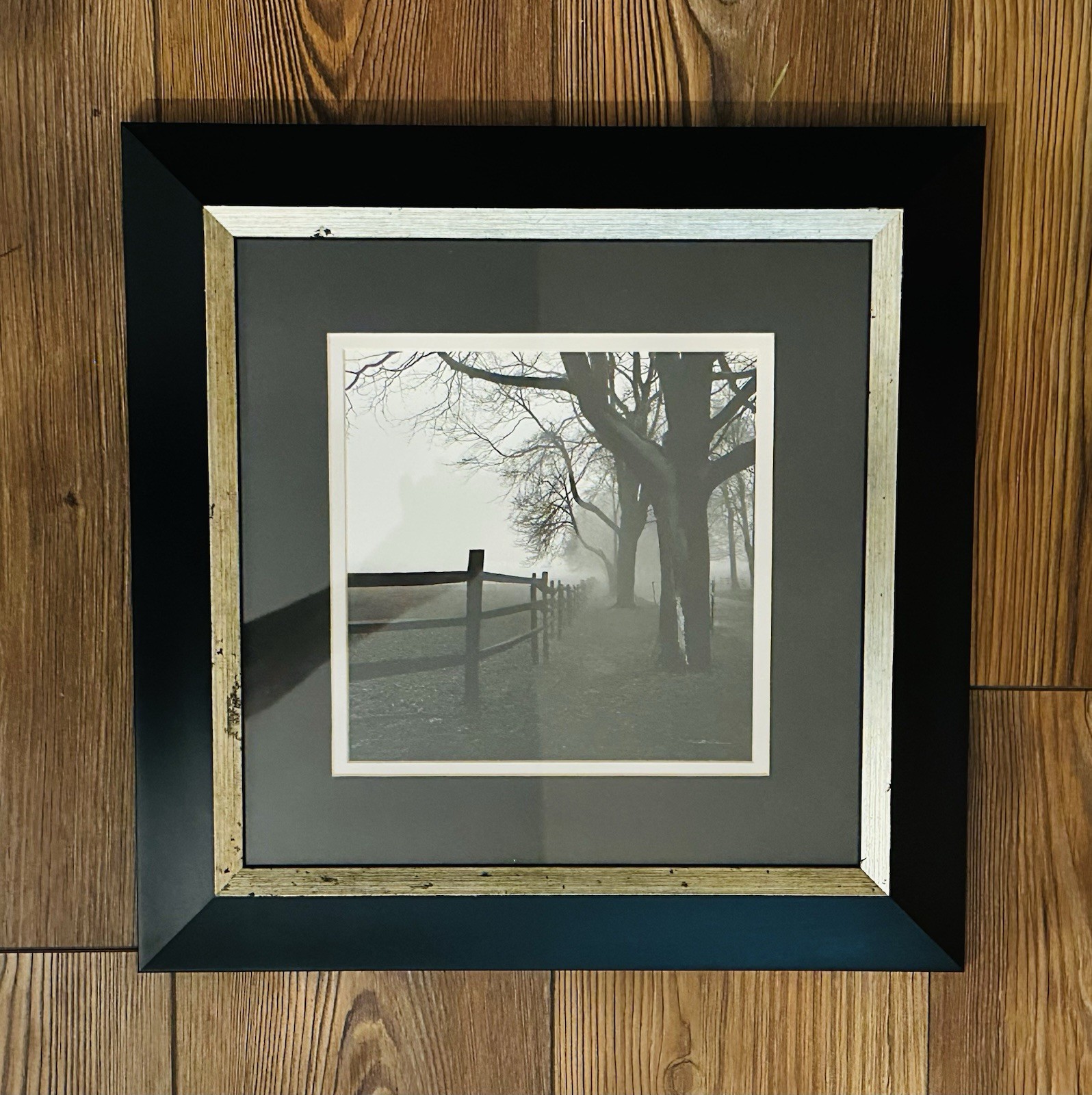 15” Harold Silverman “Corner Fence” Matted Black Framed Art Foggy Moody Serene