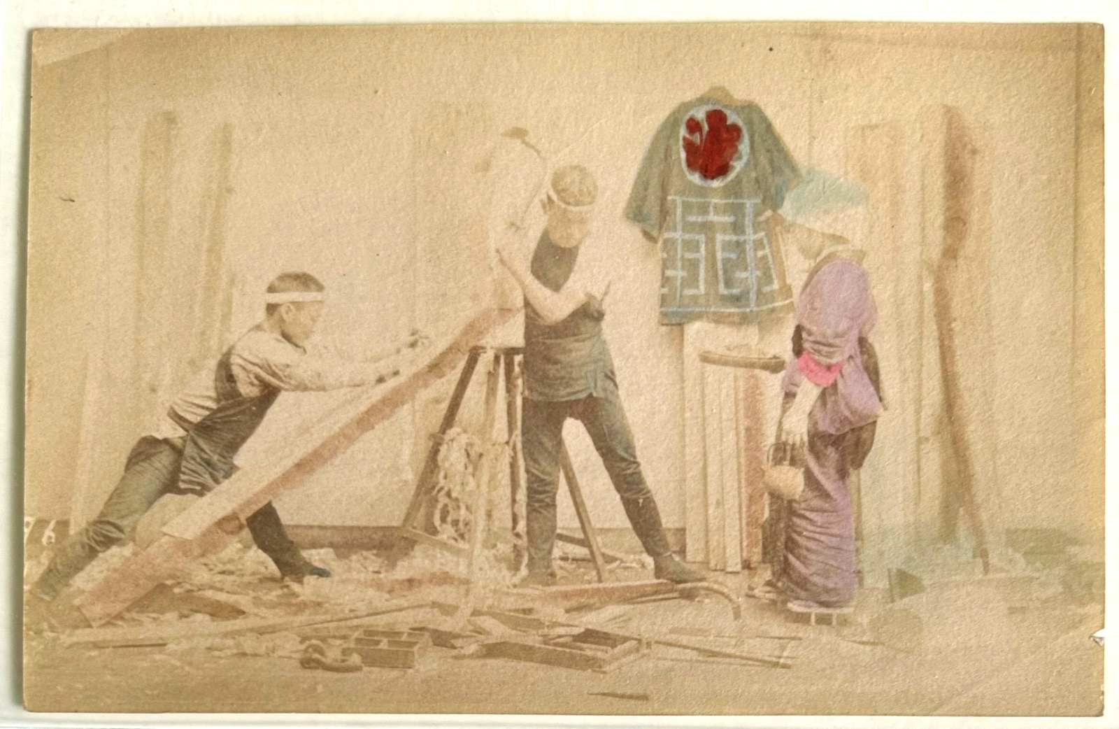 Antique Japanese Hand Colored Album Photo 3x Daily Life Scenes Meiji Era c1880