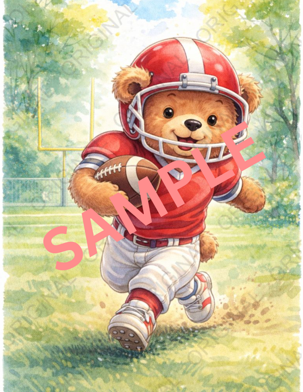 Digital Watercolor Photo of Bear Playing Football
