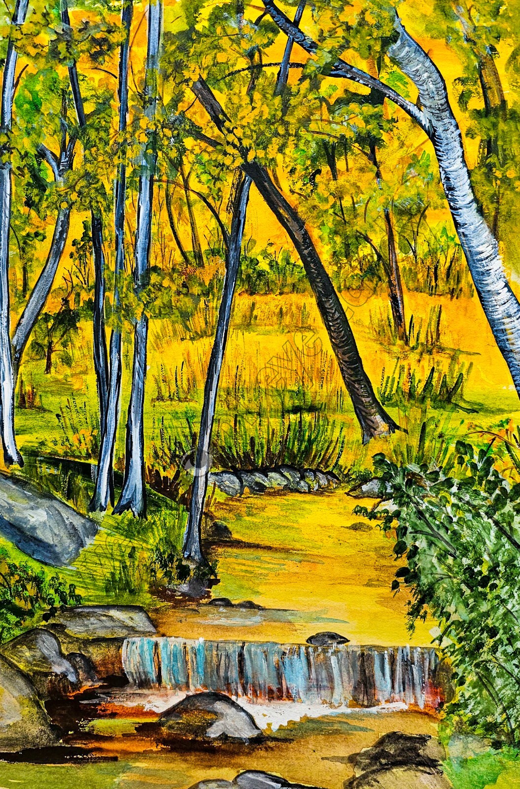 Yellow Trees in the Woods Autumn Art DIGITAL DOWNLOAD Zen Landscape Cottagecore