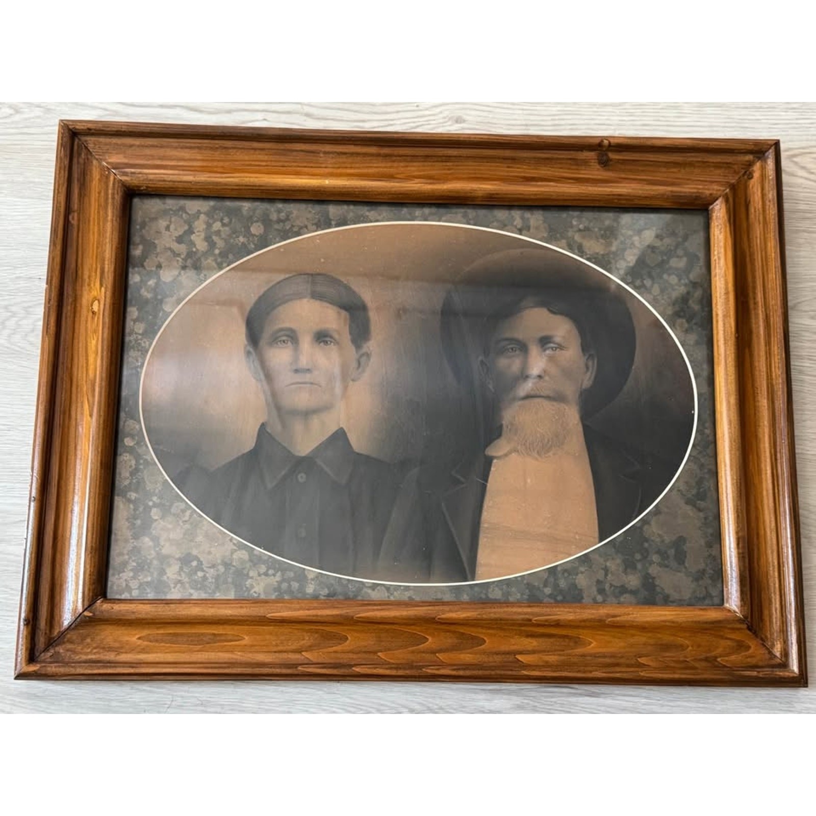 Large Pair of Antique Late 19th Century Wood Framed Family Portraits Wall Decor
