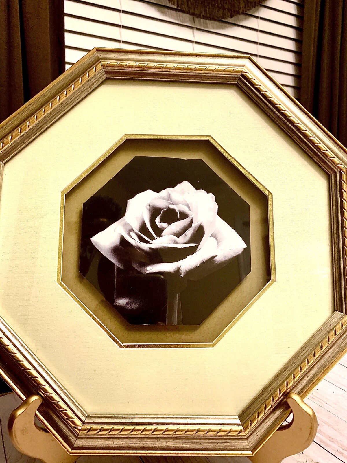 Beautiful Vintage Rose Black & White Octagon Matted Framed Art Print
