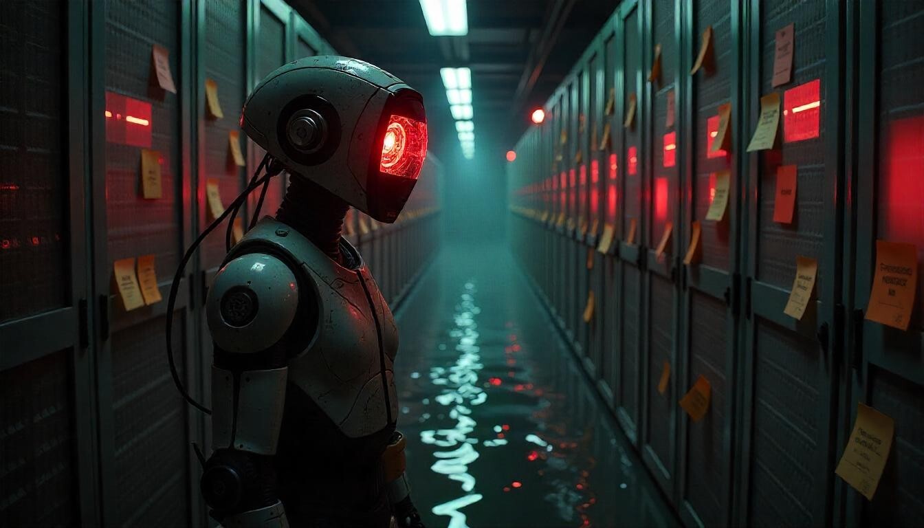 Sci-Fi Robot Art: Server Room, Glowing Eye, Sticky Notes – Tech Digital Print
