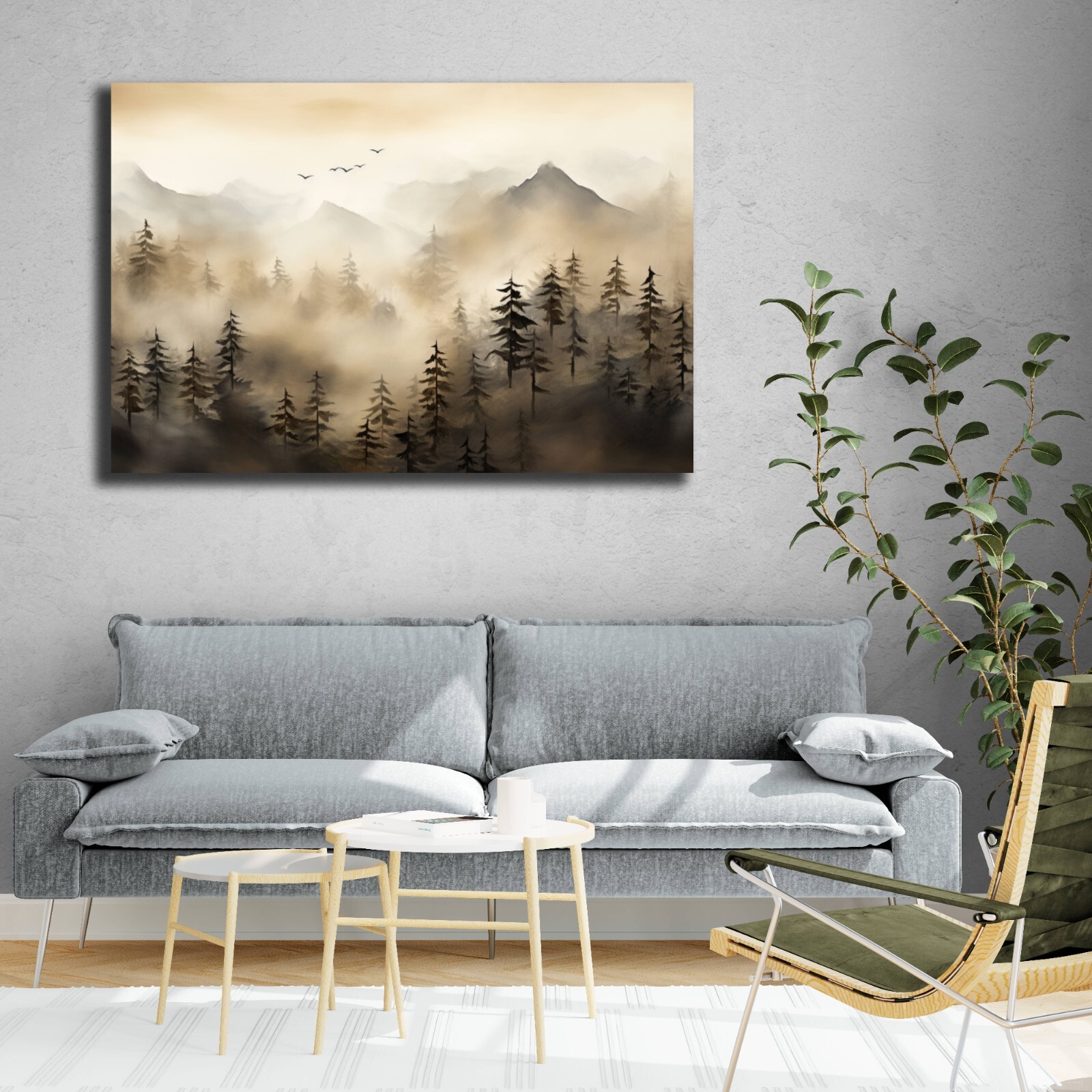 Mountains and Trees Nature Watercolor Painting, Foggy Misty Mountain Range Art