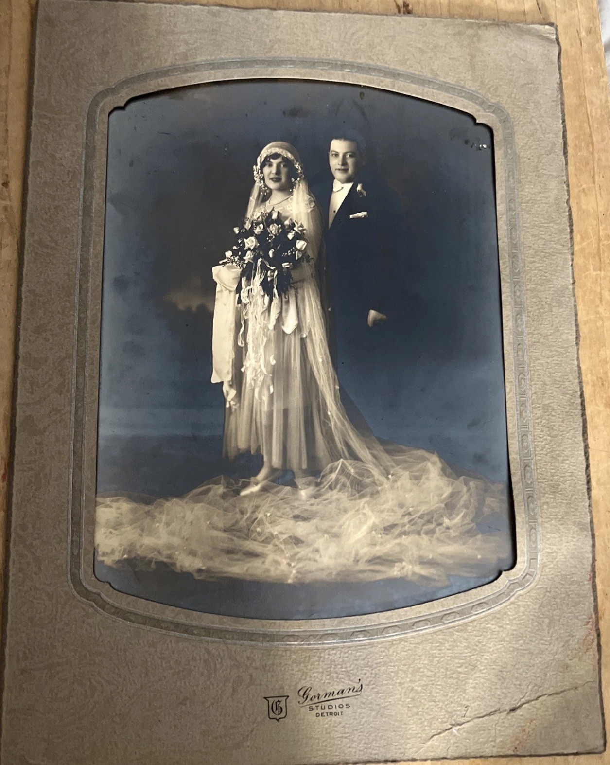 Large Vintage Wedding Photo in Original Studio Mount 1930s-1940s DiMarco Studio