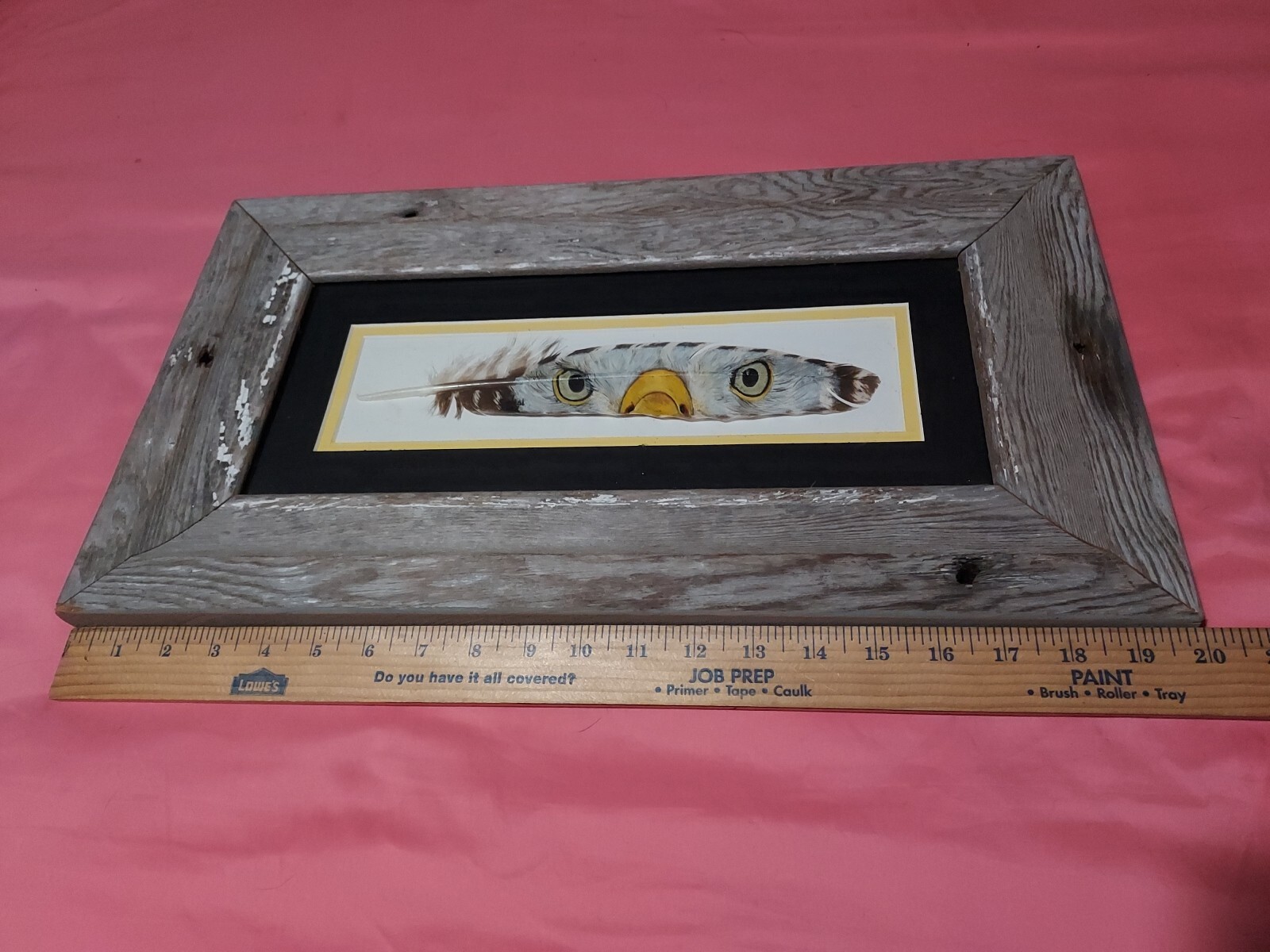 Picture of Painted Turkey Feather With Bald Eagle Eyes Beak Vtg Look Wood Frame