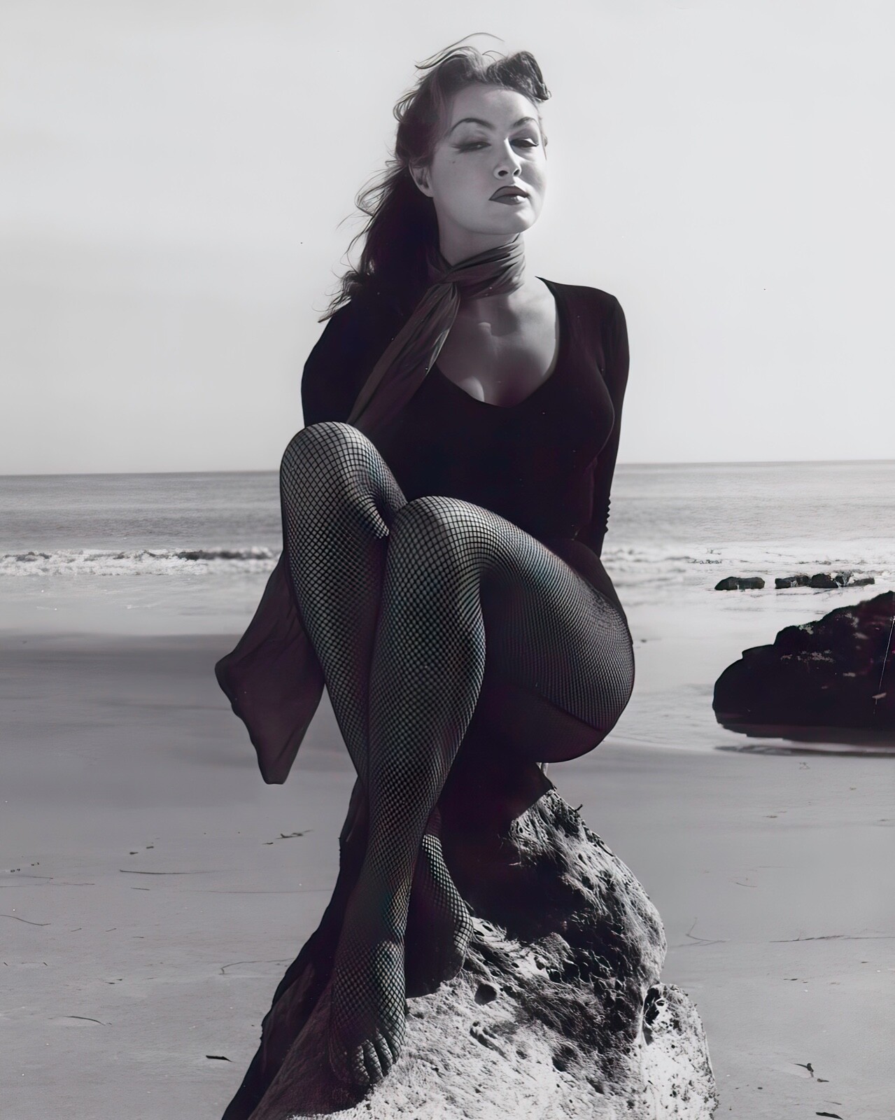 Julie Newmar on the beach c. 1959, reprint/poster – multiple sizes: 1363