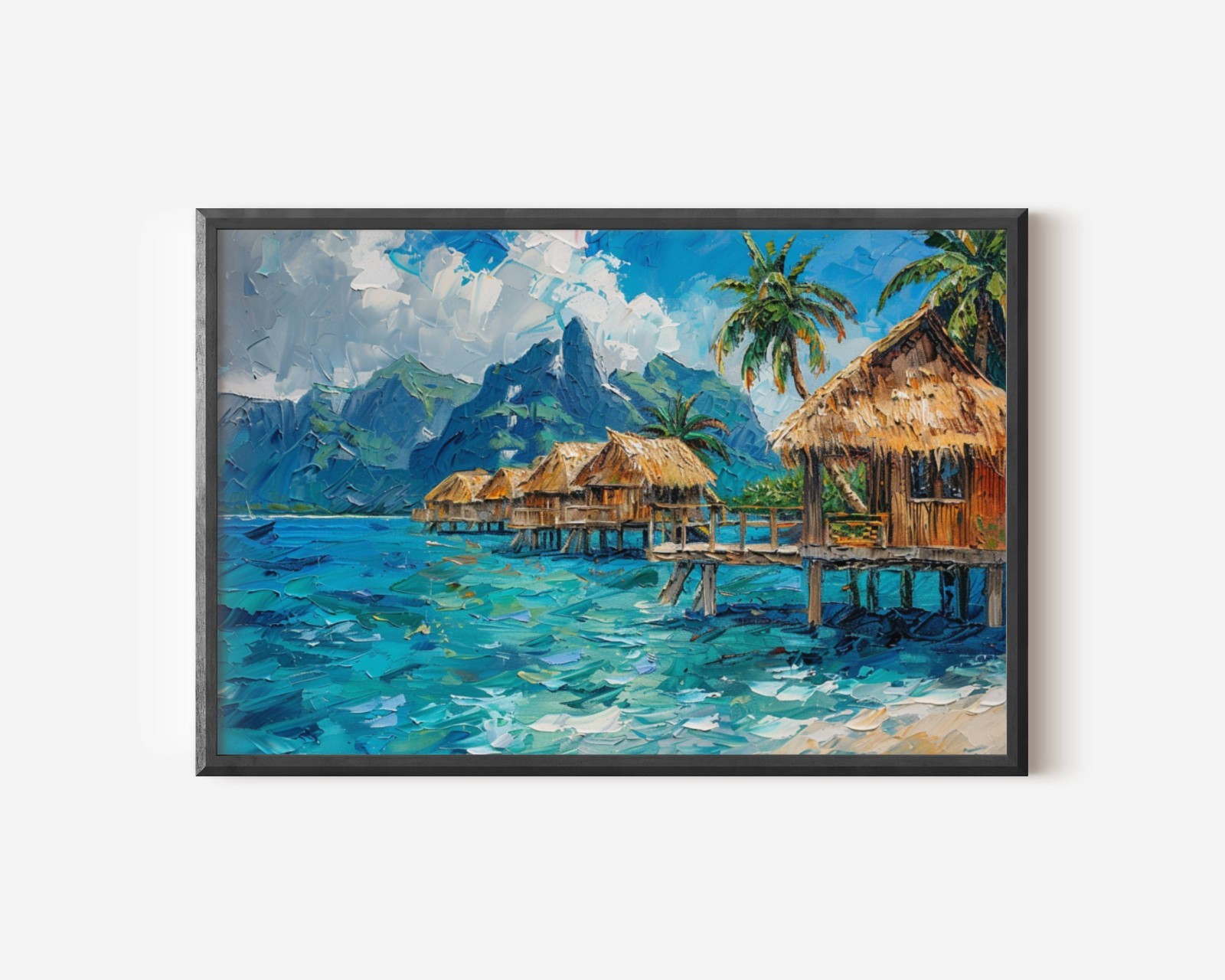 Beach Paradise Wall Art, Tropical Overwater Bungalows Painting, Coastal Seascape