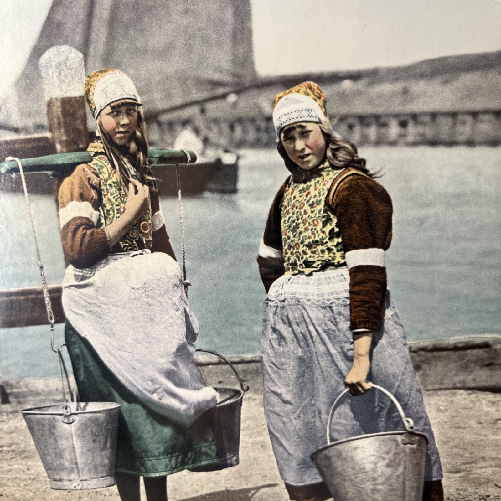 Antique Photochrom Girls Of Marken Island Holland Netherlands Heavy Wood Frame