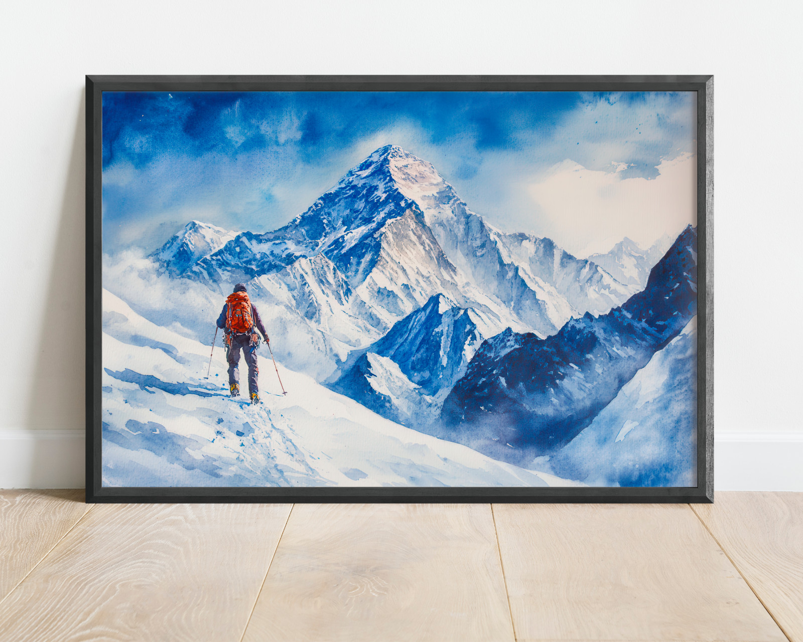 Mount Everest Climber Watercolor Painting, Snowy Summit Adventure Wall Art Print