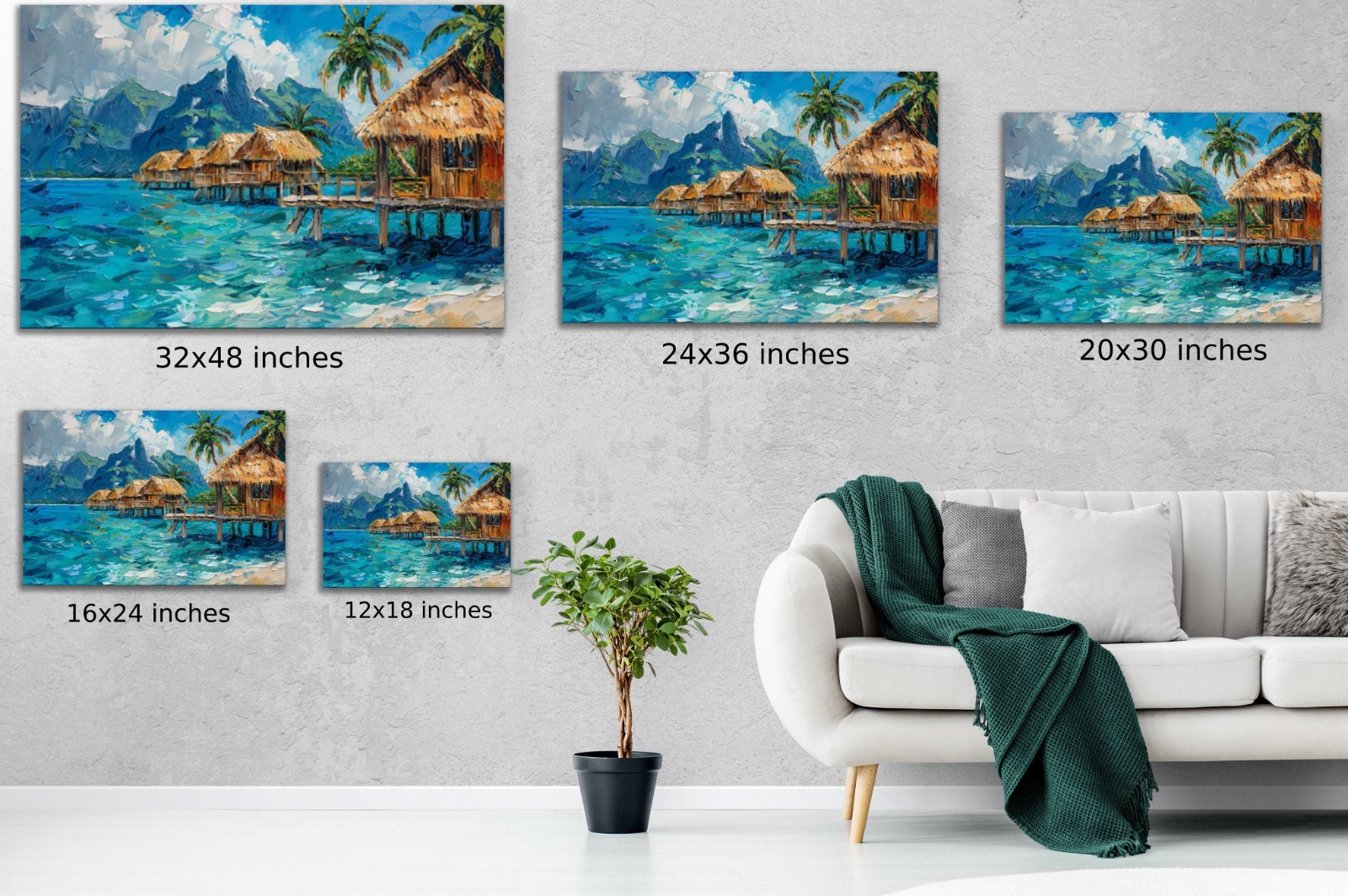 Beach Paradise Wall Art, Tropical Overwater Bungalows Painting, Coastal Seascape