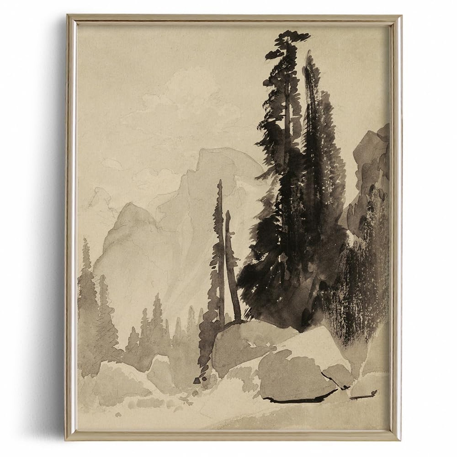 Forest Landscape Drawing Print Poster – Vintage Farmhouse Engrave Line Wall A…