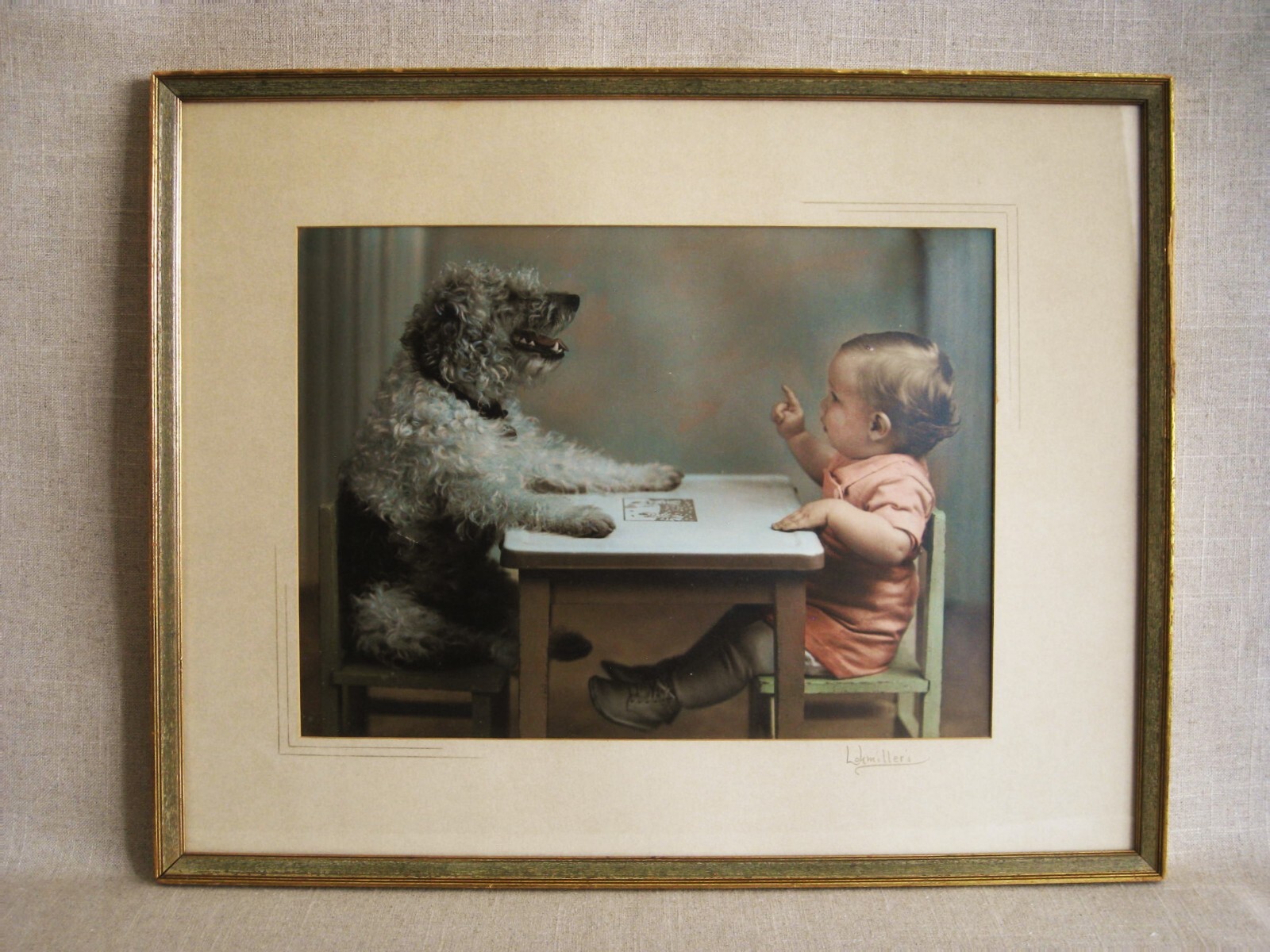Vintage Fine Art Vernacular Photograph Male Child Portrait with Dog Framed Mid-C