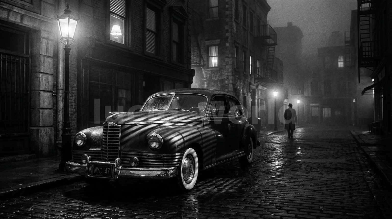 Vintage Noir Car Foggy Cobblestone Digital Download Printable Wall Art PNG File