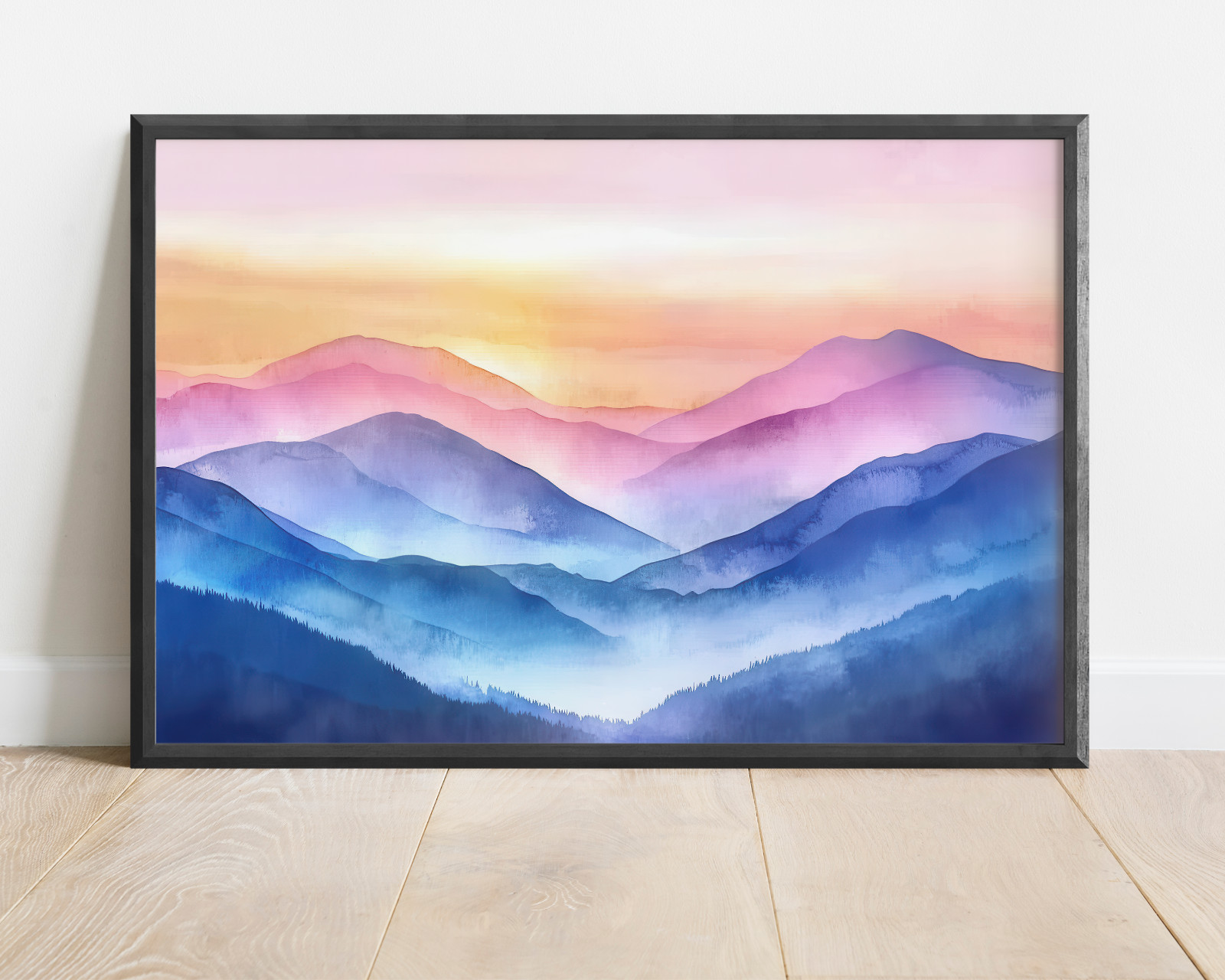 Blue Ridge Mountains Watercolor Painting, Landscape Nature Print, Sunset Blue