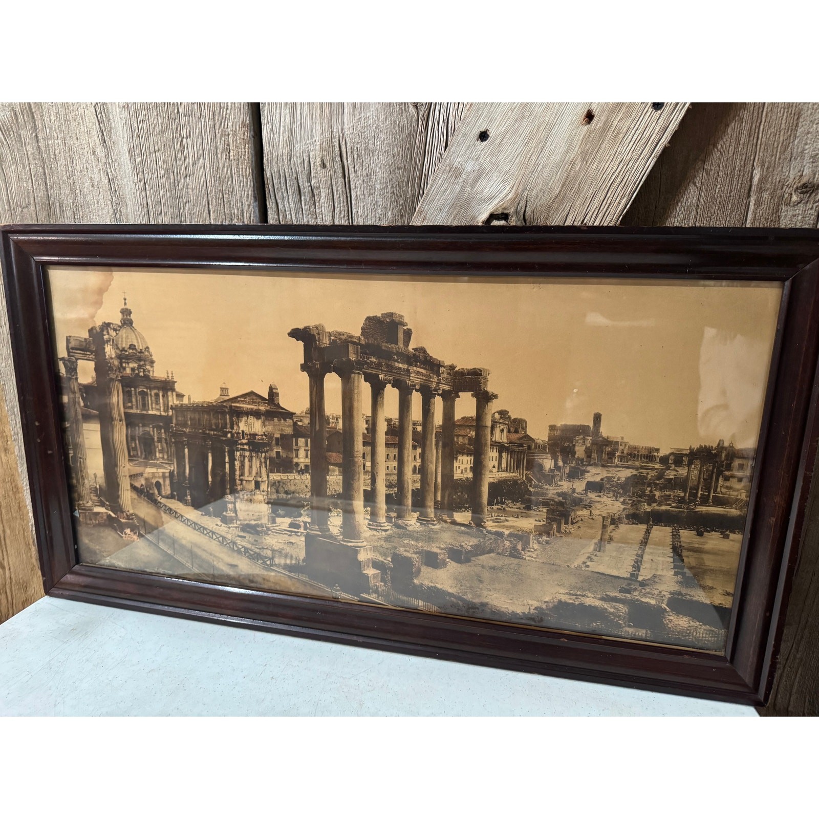 Antique Framed Giacomo Brogi The Forum Temple of Ruins Rome Sepia Wood Framed