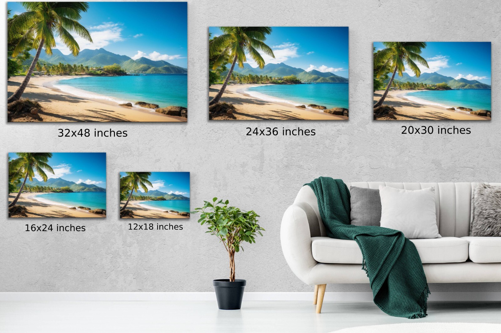 Tropical Beach Painting, Beach Paradise Art Palm Trees Mountain Landscape Island