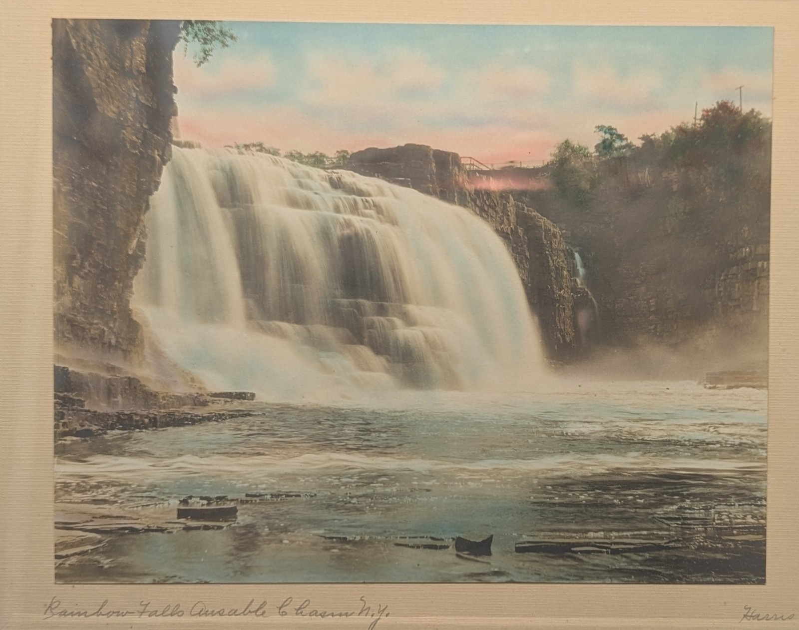 Vintage Framed HARRIS Hand Painted photo Circa early 20TH century Ausable Chasms