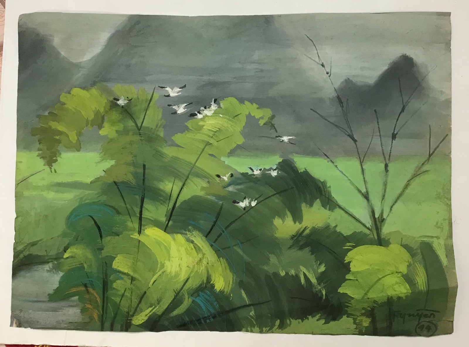 Vietnam countryside landscape Nguyen Tran gouache painting size 13x 18 in