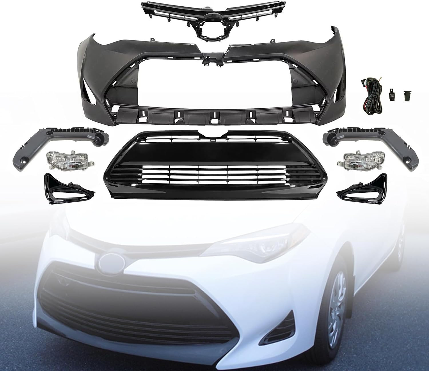 Front Bumper Cover Grille Kit Fits 2017-2019 Toyota Corolla W/Fog Lights | for L