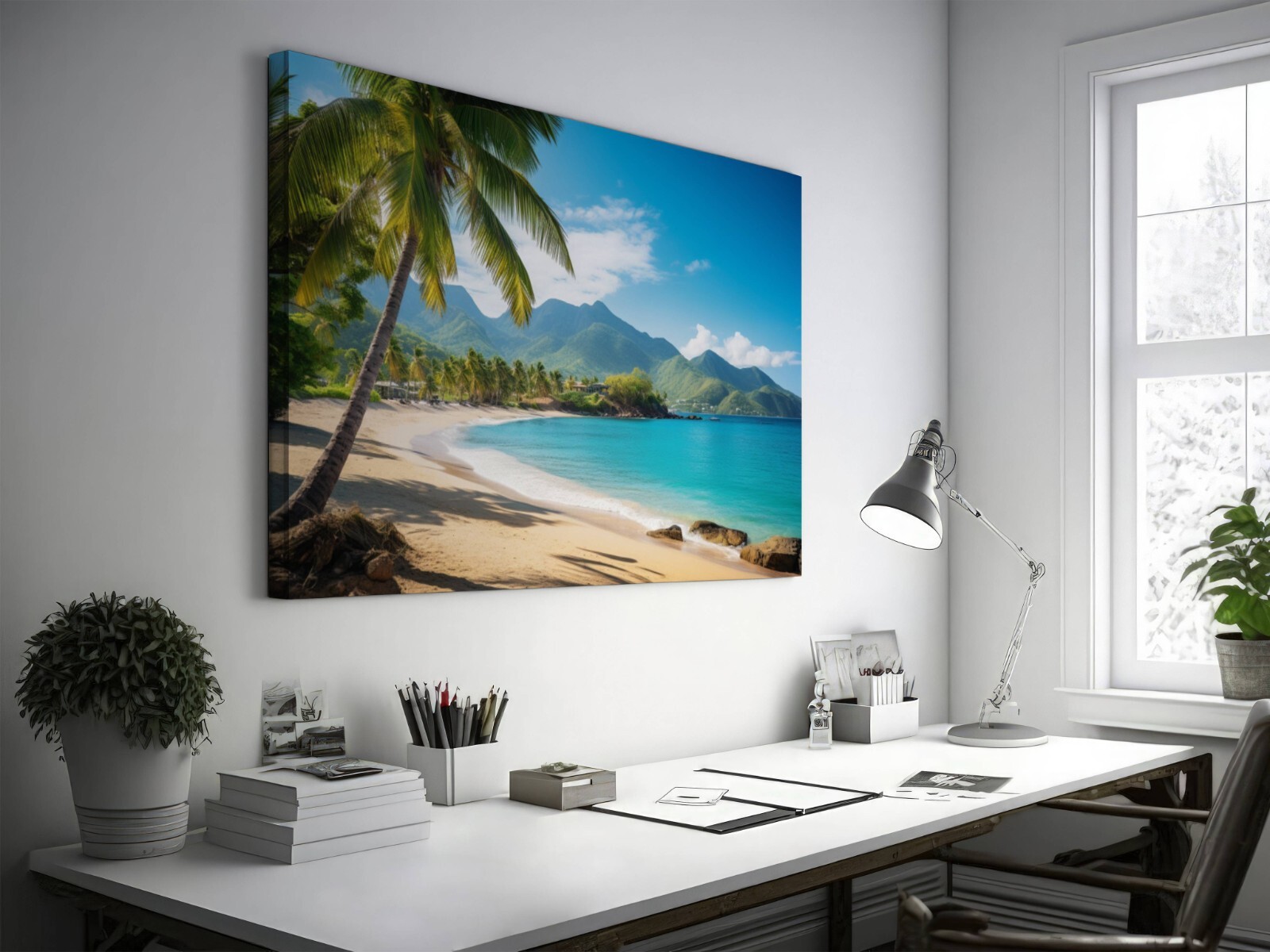 Tropical Beach Painting, Beach Paradise Art Palm Trees Mountain Landscape Island
