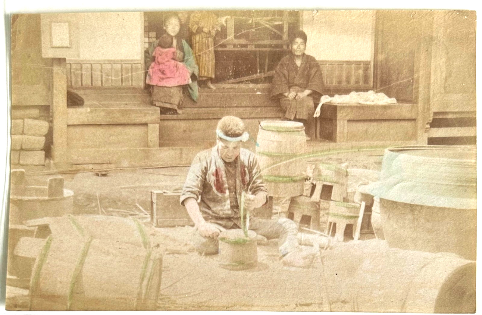 Antique Japanese Hand Colored Album Photo 3x Daily Life Scenes Meiji Era c1880