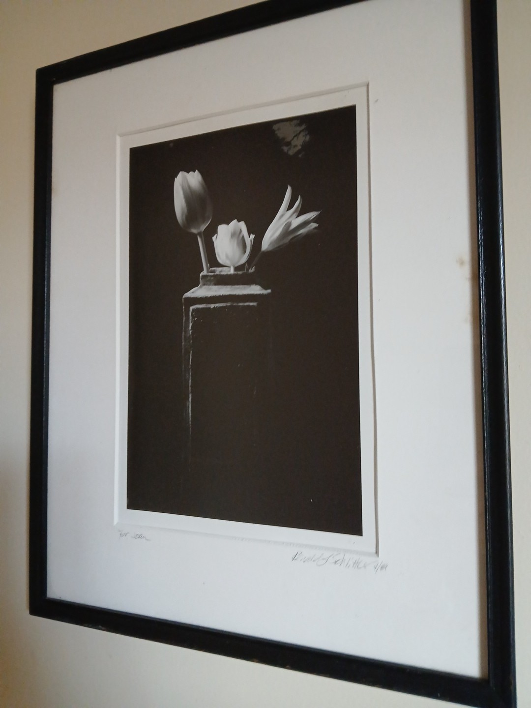 Framed Signed Dated PHOTOGRAPH Black & White Flowers/Vase 1989-14.75″H X 12″L