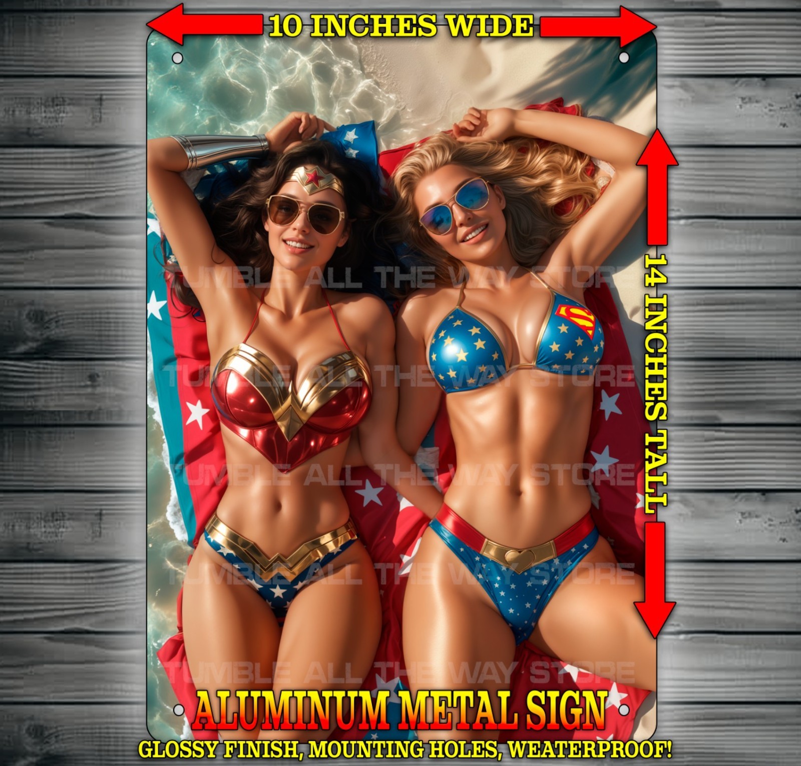 Sexy Wonder Woman and Supergirl in Bikinis Vixen Metal Sign Wall Art 10″ x 14″
