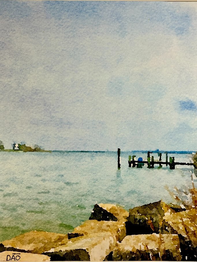 Pier & Riprap Digital Watercolor Original Photograph 8 X 10 Mat 11 X 14 – Signed