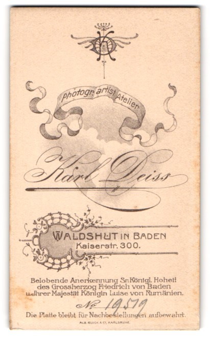 Photograph Karl Deiss, Waldshut / Baden, Kaiserstr. 300. Photographer Monogram