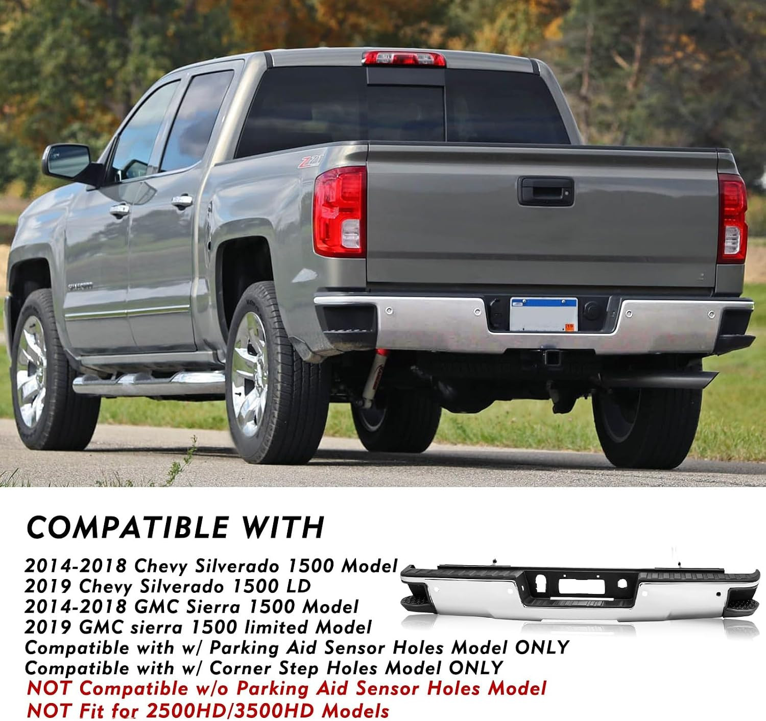 Rear Bumper for 2014-2018 Chevy Silverado GMC Sierra 1500 Pickup | Fleetside Bac