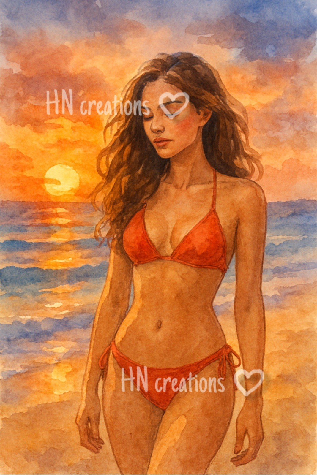 Digital Image Hot Girl Stunning Red Bikini beach Art Print– Modern Wall Décor
