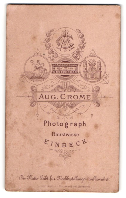 Photograph Aug. Crome, Einbeck, Baustr., monogram of the photographer and coat of arms of
