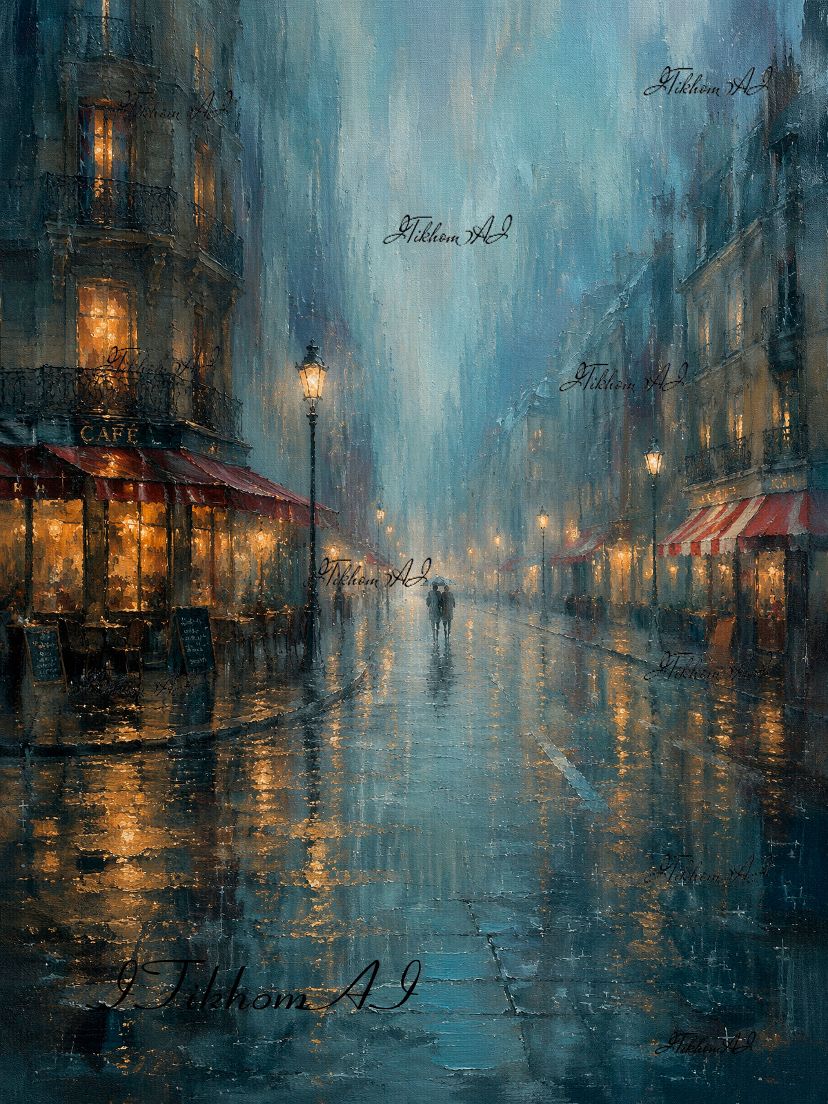 Digital Art Painting Cityscape Night Avenue People Rain Wallpaper Decor Desktop