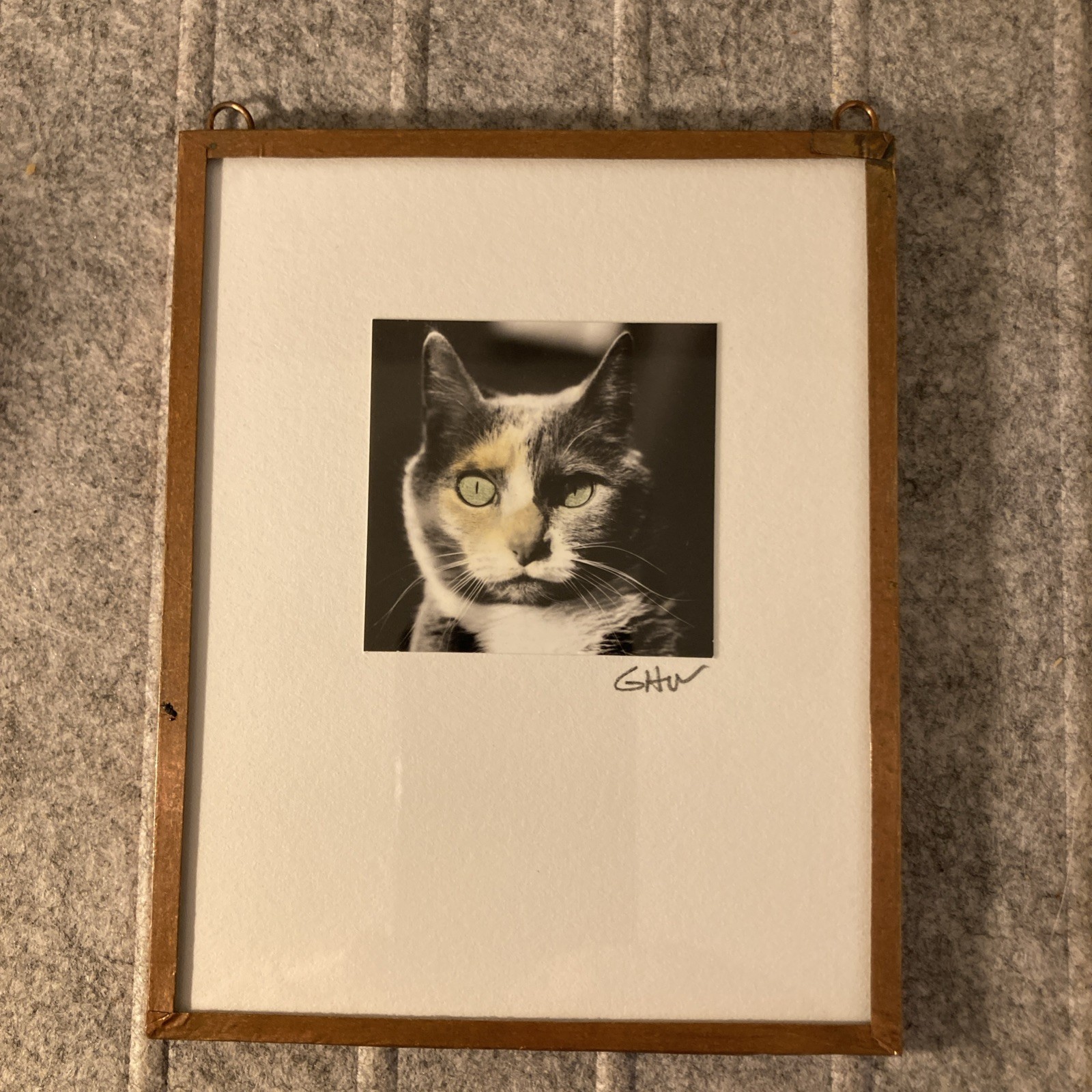 Calico Cat Portrait Soddered Copper Frame Photograph Miniature Artsy Tom Cat