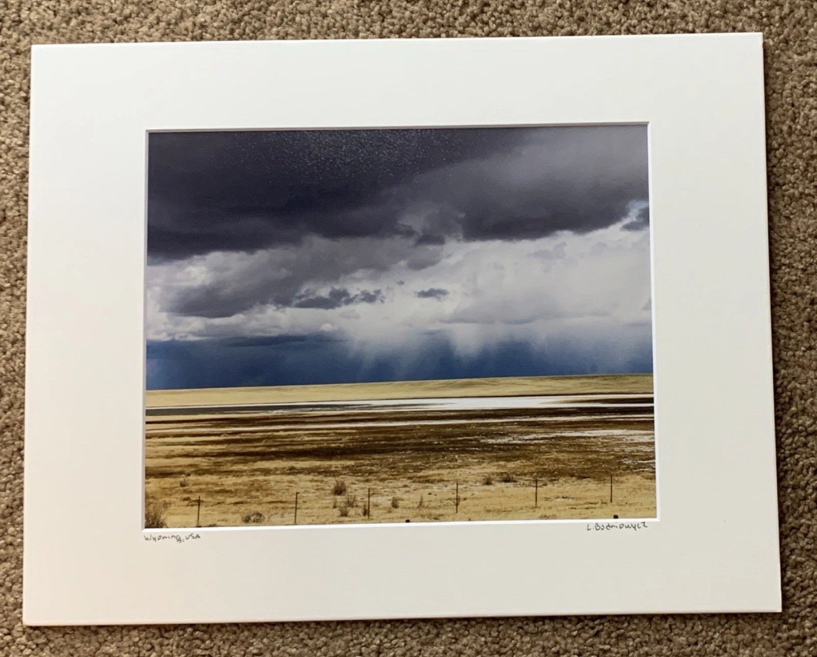 Signed Matted Color Landscape Photograph Print of Wyoming, Storm Clouds Prairie