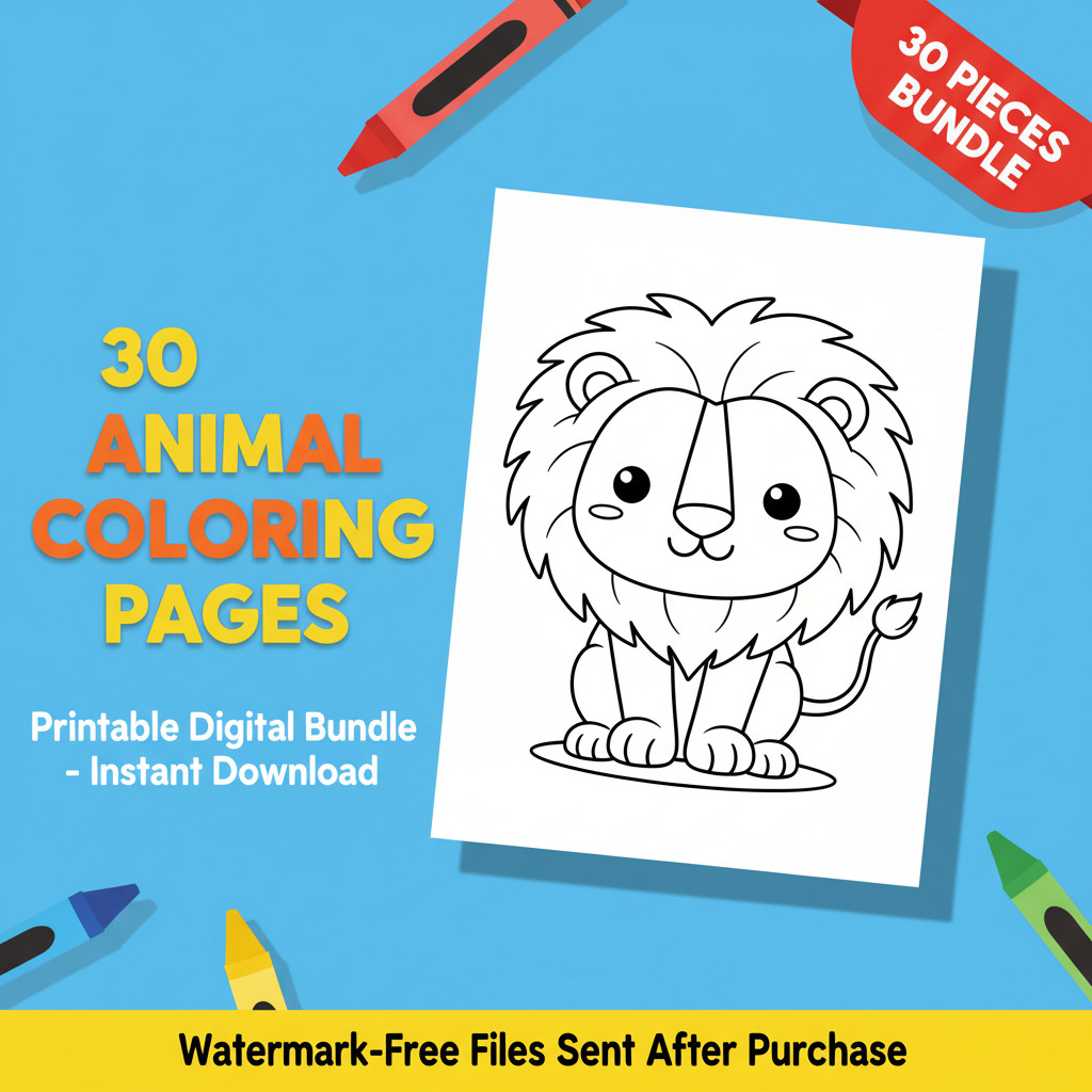 30 Kids Animal Coloring Pages Printable Bundle | Digital Download | Cute Zoo