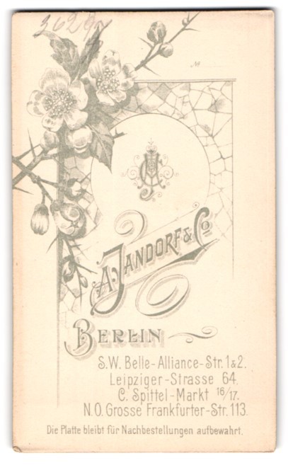 Photograph A. Jandorf & Co., Berlin, monogram of the photographer with flower branch
