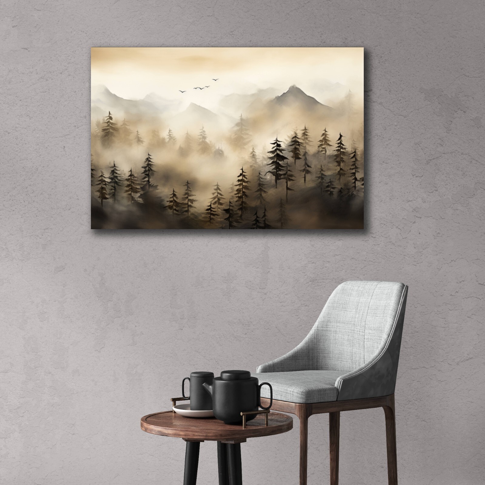 Mountains and Trees Nature Watercolor Painting, Foggy Misty Mountain Range Art