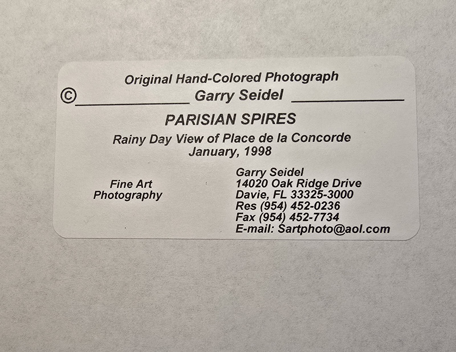 Garry Seidel Signed Photograph Paris Spires; Rainy Day View Place de la Concorde